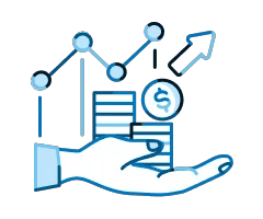 Illustration d'une main tenant de l'argent avec un graphique linéaire représenté derrière elle montrant la croissance