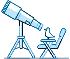Illustration showing a bird, sitting on a chair, looking through a telescope