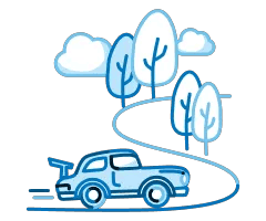 Illustration montrant une voiture roulant sur une route entre des arbres par une journée partiellement nuageuse