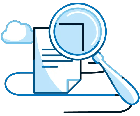 Illustration showing a magnifying glass looking onto a sheet of paper to review it