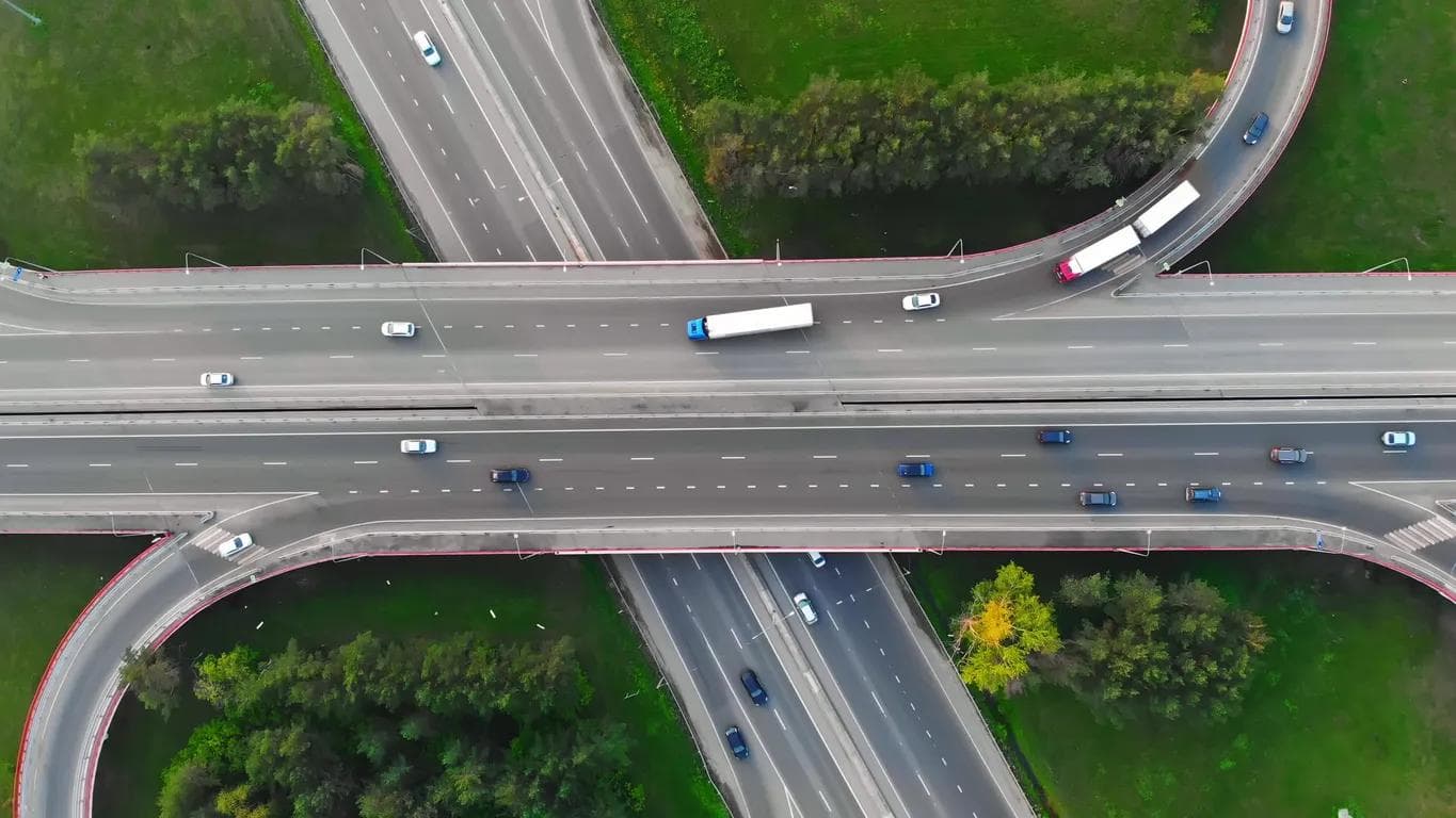 Aerial shot of traffic over intersections 