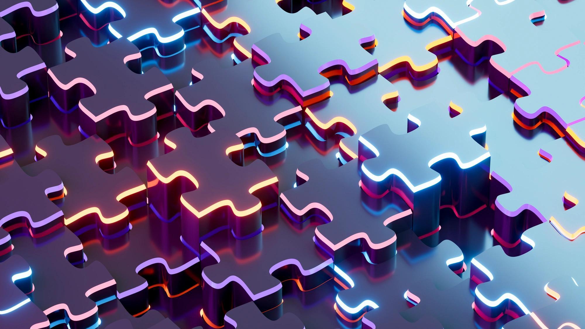 Illuminated jigsaw puzzle pieces fit together. 