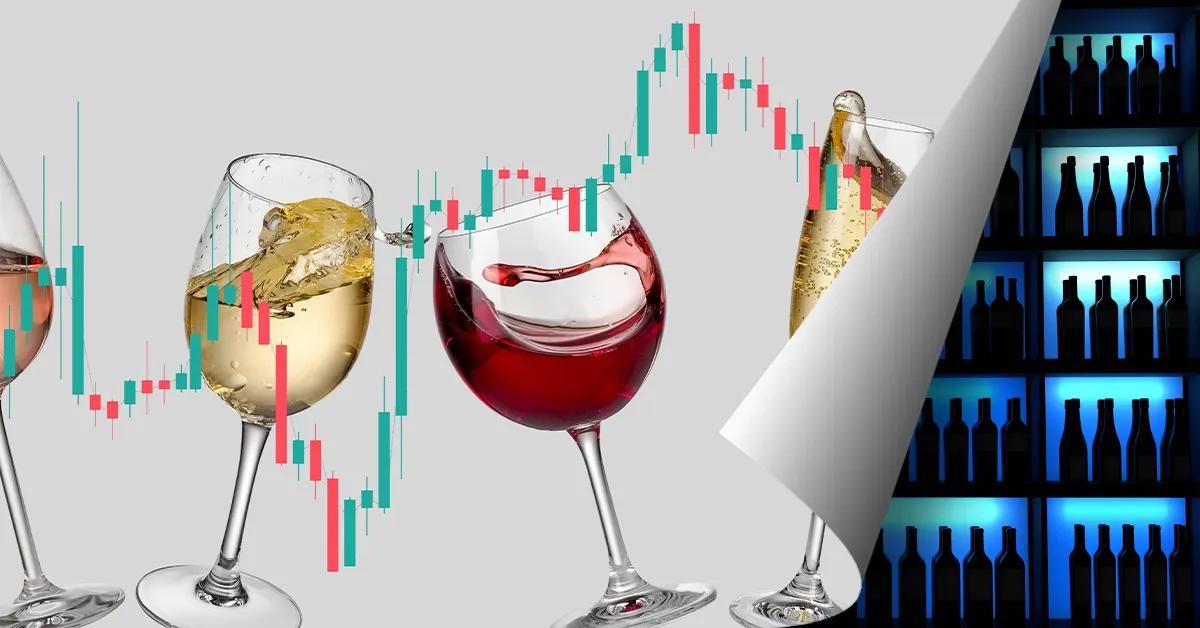 Illustration d’une page de magazine que l’on tourne : Verres à vin remplis accompagnés de symboles illustrant des hausses et des baisses de cours