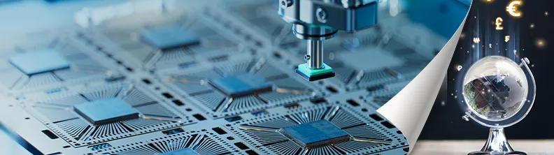 Illustration d’une page de magazine que l’on tourne : Fabrication de micropuces 