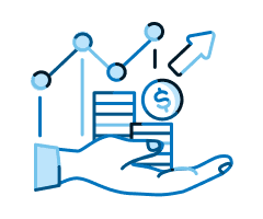 Illustration d'une main tenant de l'argent avec un graphique linéaire représenté derrière elle montrant la croissance