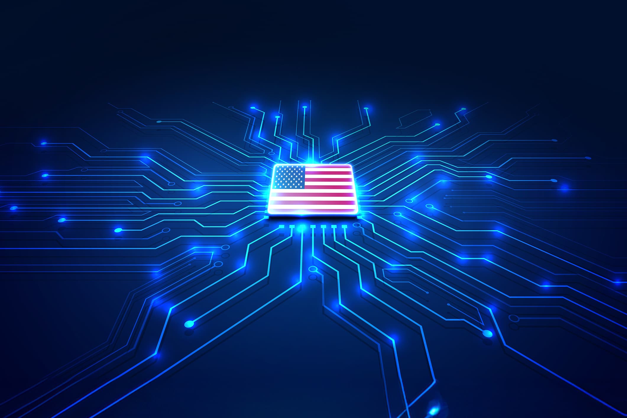 Drapeau des États-Unis sur un processeur, puce GPU sur une carte mère