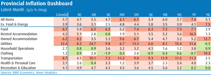 A Provincial Inflation dashboard with the year to year change of the last month’s inflation numbers by province. The chart shows data for Food, Rented accommodations, owned accommodations, utilities, household operations, clothing, transportation, health and personal care and recreation and education.